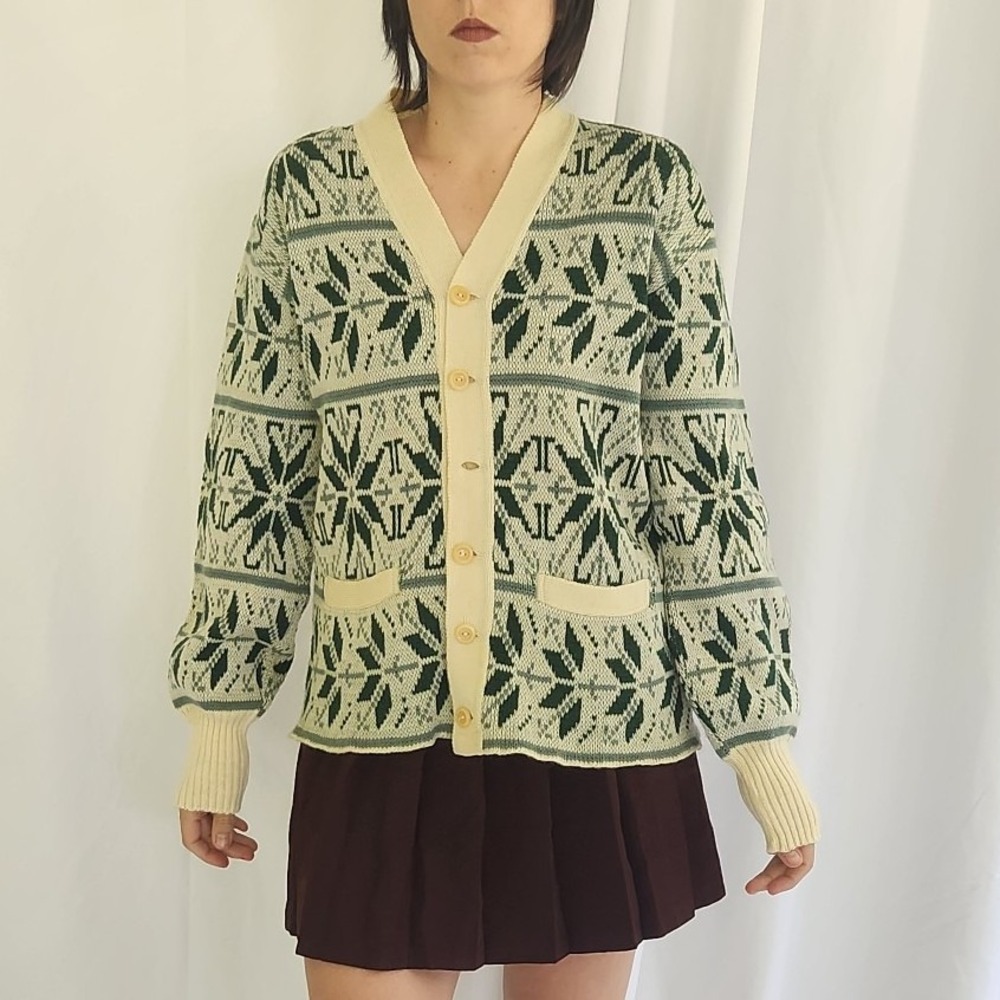 60s‎ Green and Cream Wool Cardigan